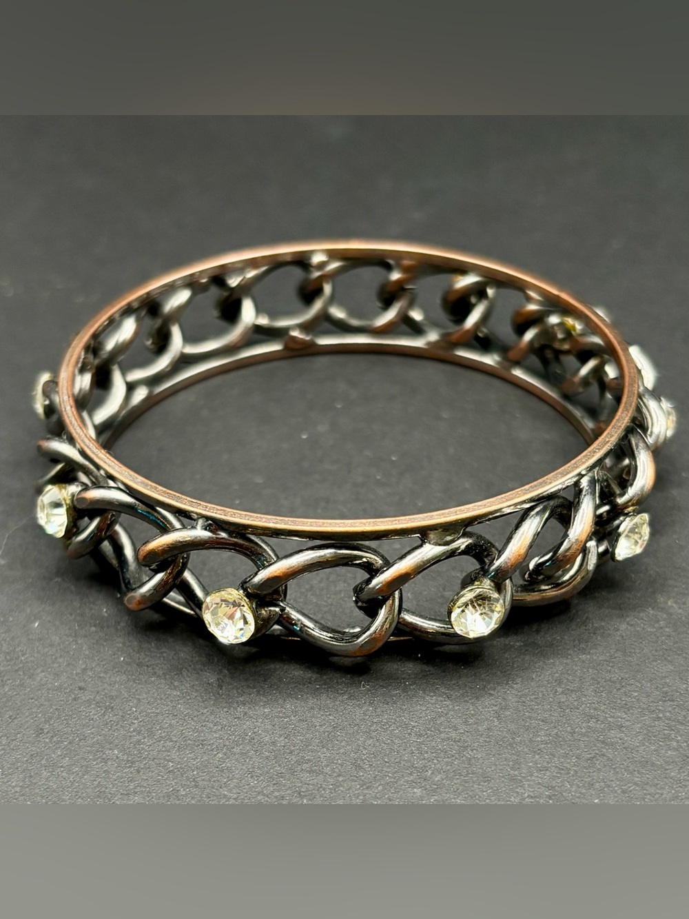 ⁠Vintage Oxidized Silver Toned Bangle Bracelet Rhinestone Curb Link Cuff 2.75”